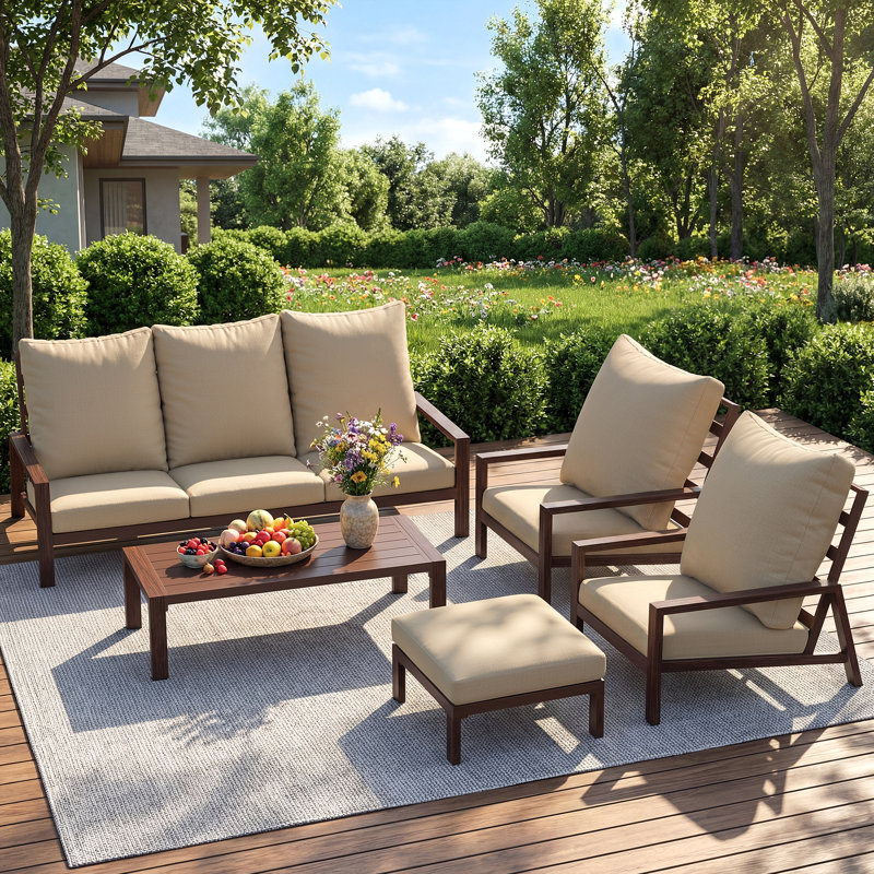 5-Person Aluminum Outdoor Conversation Set With Wood-Grain Finish & Ottoman, Aluminum Patio Furniture Set, 5-person Outdoor Sectional Sofa With Coffee Table
