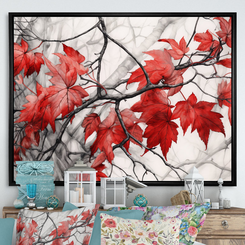 "Red Grey Leaves On Tree VII", reproduction d'art sur toile, 24" H x 32" W, Cadre flottant noir