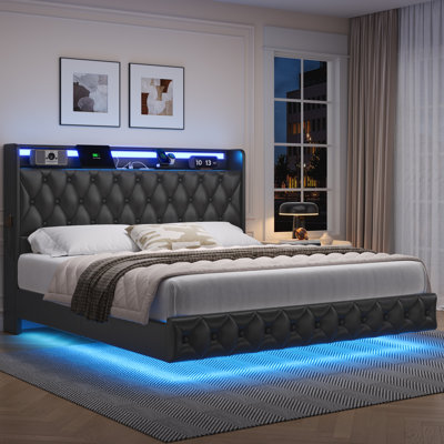 Upholstered Floating Bed With LED Lights, Charging Port