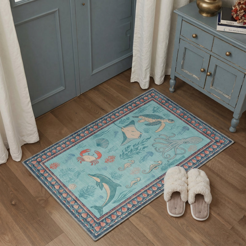 Tapis d'intérieur bleu / rose lavable à la machine Marina avec envers antidérapant, Rectangulaire 8 pi x 10 pi