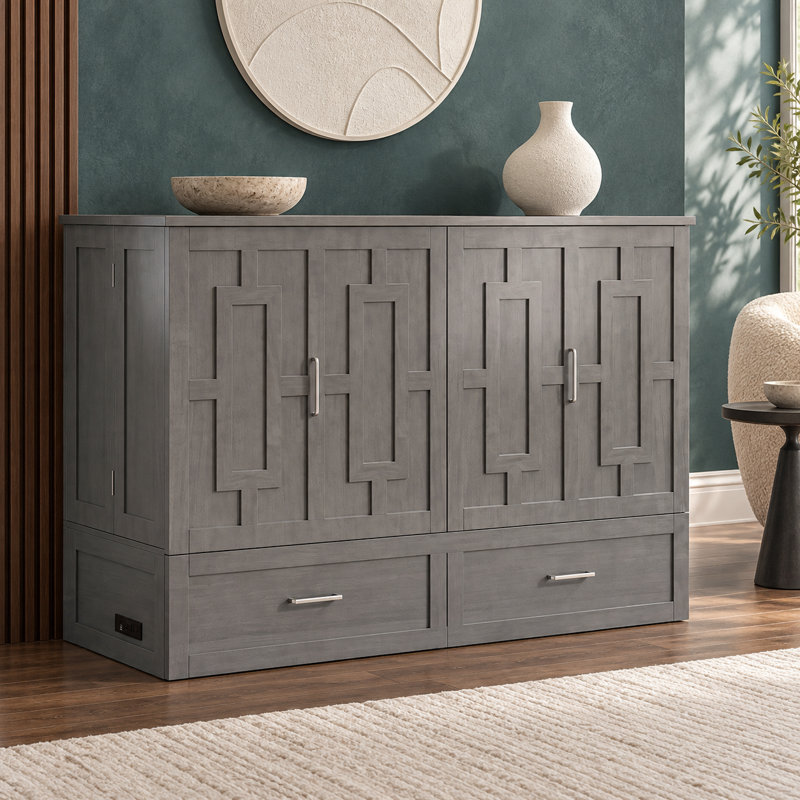 Queen Solid Wood Murphy Bed Cabinet with USB & Storage, Foldable Mattress for Guest Room, Gray