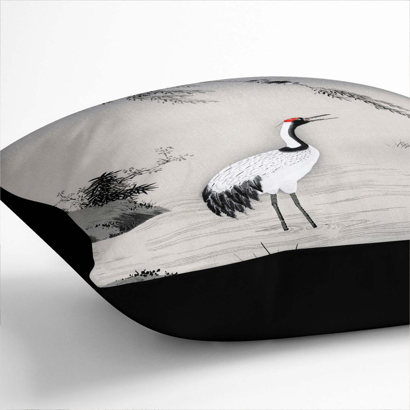 Japanese Crane by Kano Motonobu Cushion with Filling, Black, 55cm H x 55cm W x 20cm D