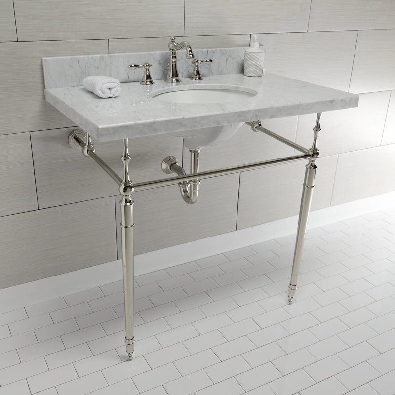 Kingston Brass Edwardian 36-Inch Carrara Marble Console Sink with Brass Legs (8-Inch, 3-Hole), Marble White/Polished Nickel