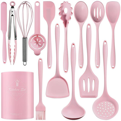 Beyond 15 Pcs Silicone Cooking Utensil Set, Kitchen Utensils Set, Pink