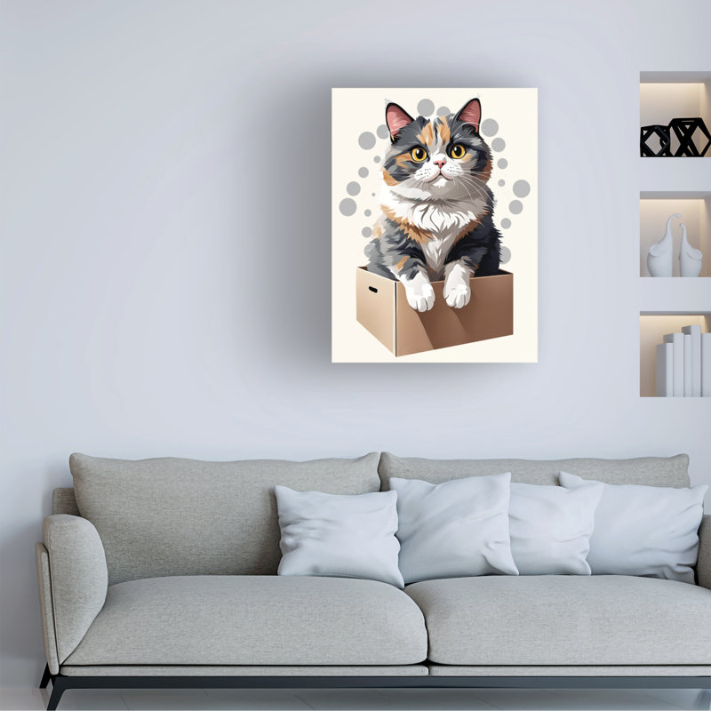 Tina Lavoie, mignon chat calico assis dans une boîte, art sur toile, H 14 po x l 19 po