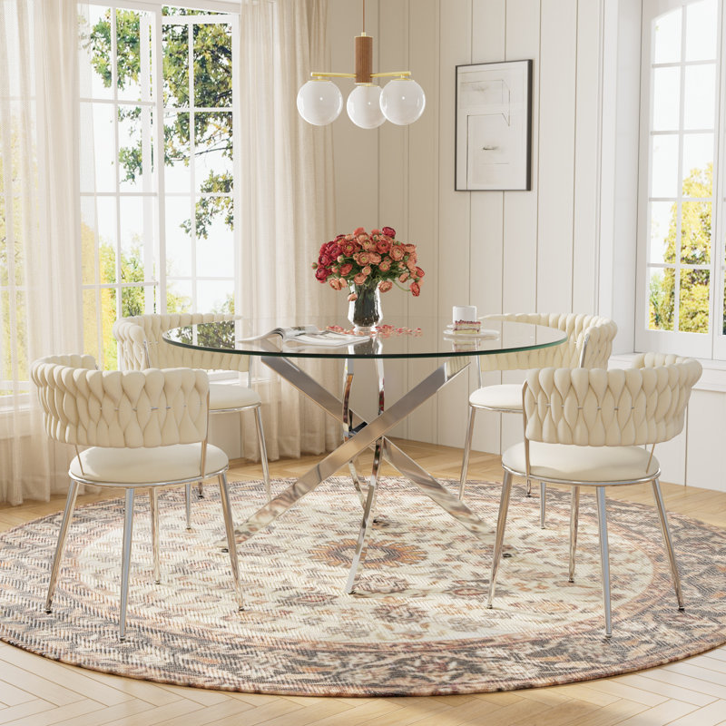 Modern Round Pedestal Dining Set with Weaven Velvet Dininig Chair, Beige, Silver, 5