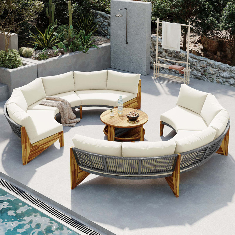 Ensemble de conversation d'extérieur 6 personnes avec coussins et 1 table basse, Beige