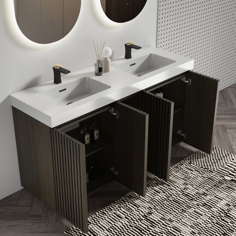 Chêne fumé, meuble-lavabo de salle de bain, lavabo blanc une pièce, étagère à quatre niveaux et attrayant, double vasque moderne, surface d'eau, design élégant, rangement organisé
