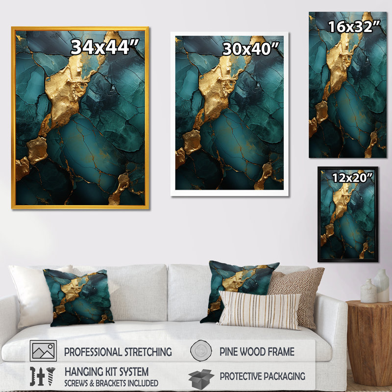 Or et vert motif de marbre abstrait II - décoration murale en marbre, Toile tendue, H 20 po x l 12 po x P 1 po