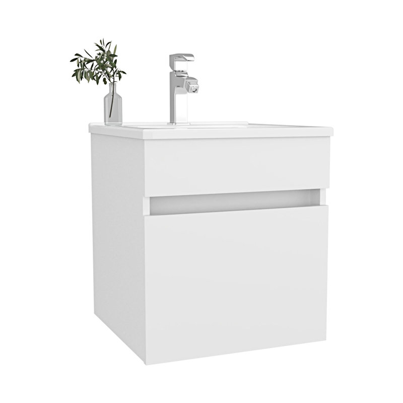 Meuble-lavabo flottant pour salle de bain avec lavabo et porte, Blanc