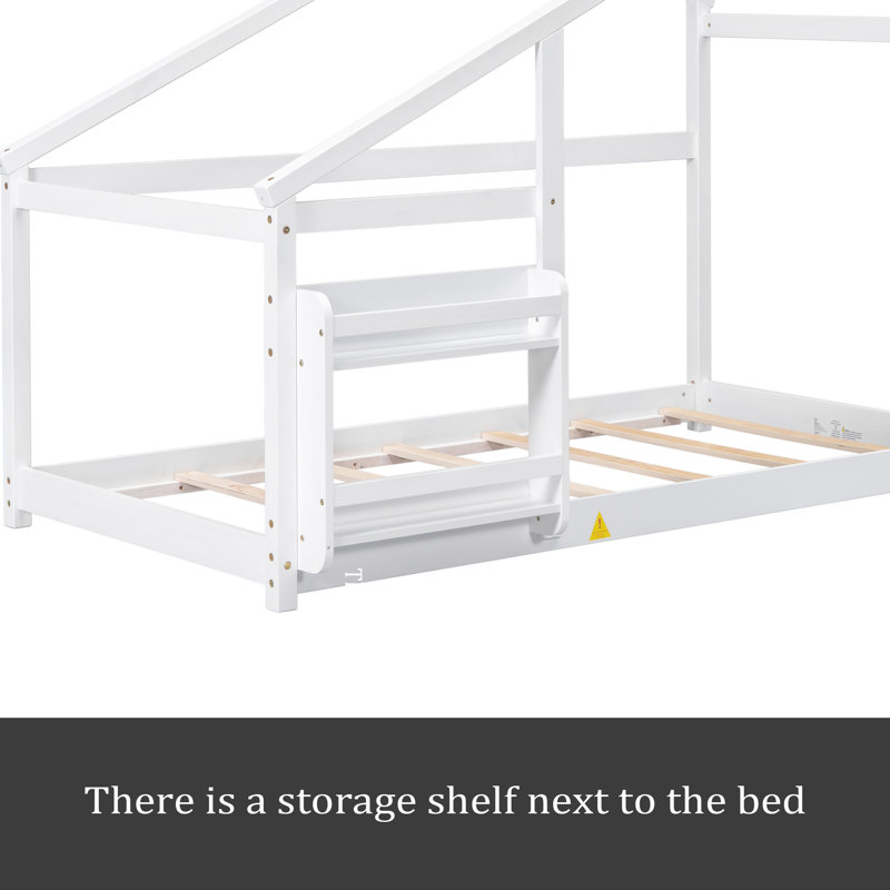 Twin Size Wooden House Bed, Twin Floor Wooden Bed With Shelf, No Box Spring Needed, White