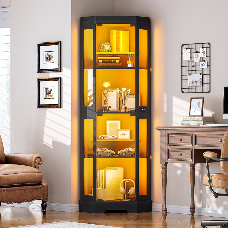 Vitrine d'angle avec portes en verre, armoire d'angle avec 3 lumières DEL de couleur