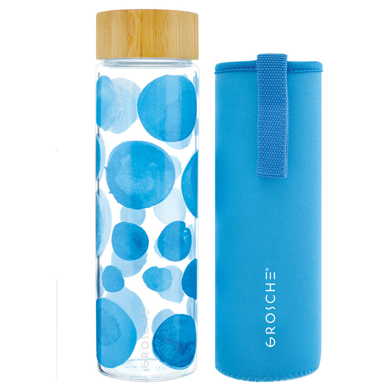 Bouteille d'eau en verre écologique avec couvercle en bambou et housse de protection GROSCHE VENISE (bleu)