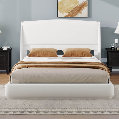 Queen Bed Frame Adorned With Padded Wingback Headboard, Low-Profile Platform Bed Offering Cushioned Head Support