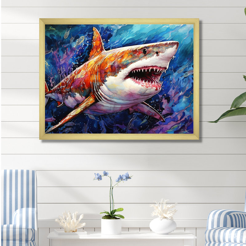 " Shark Haven Under Water Painting II ", Gold Single Picture Framed, 16" H x 32" W x 1" D