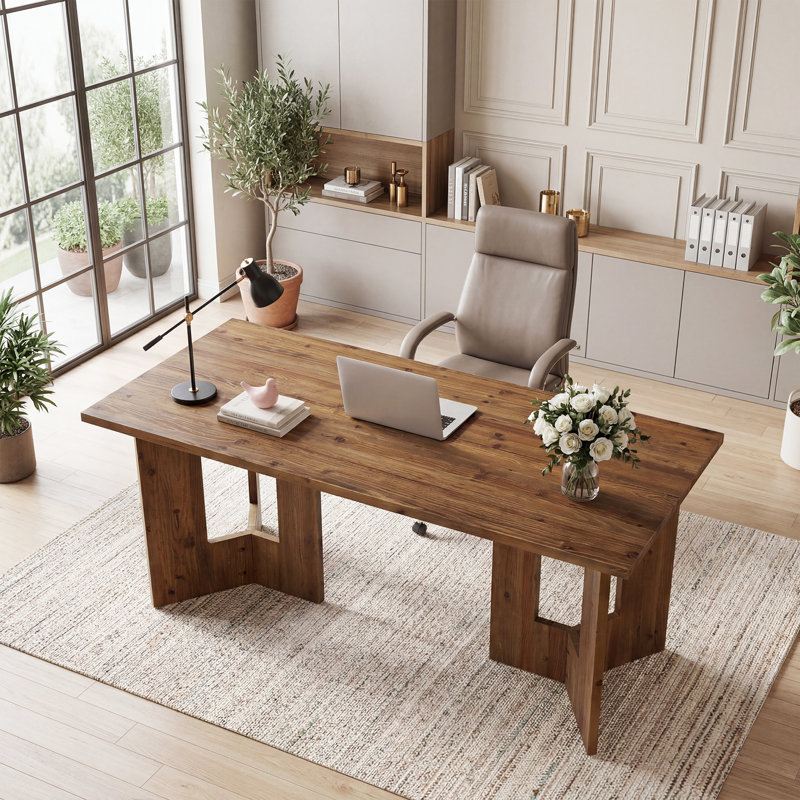 Bureau de direction 63 pouces en bois massif, bureau d'ordinateur rectangulaire moderne avec double piédestal, grande table de conférence pour bureau