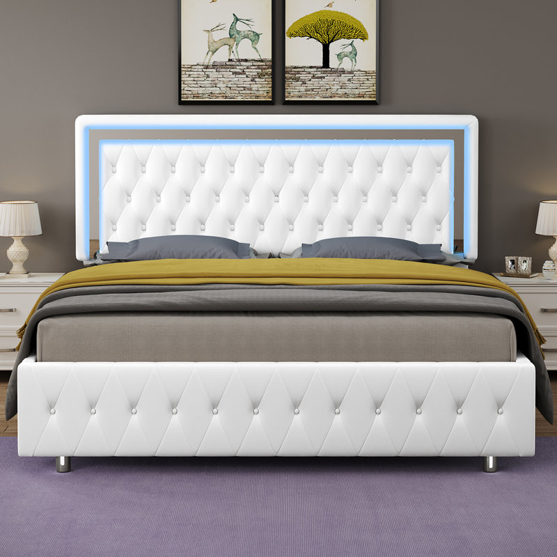 White Velvet Queen Platform Bed with LED Lighted Tufted Headboard