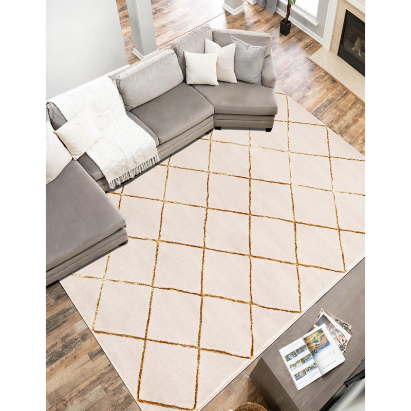 Tapis contemporain blanc et doré Etowah, Rectangle 2 pi x 3 pi 1 po