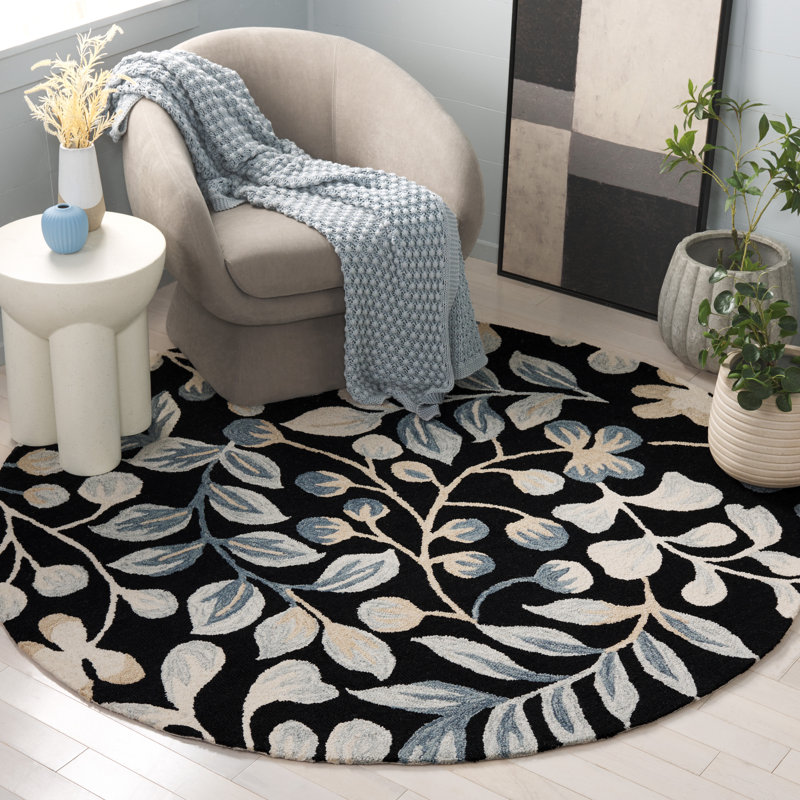 Jardin Tufted Wool Cotton Floral Rug in Ivory/Black, Round 6'