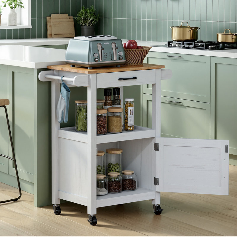 White Dining Cart With 1 Door, 1 Drawer And 1 Shelf, White