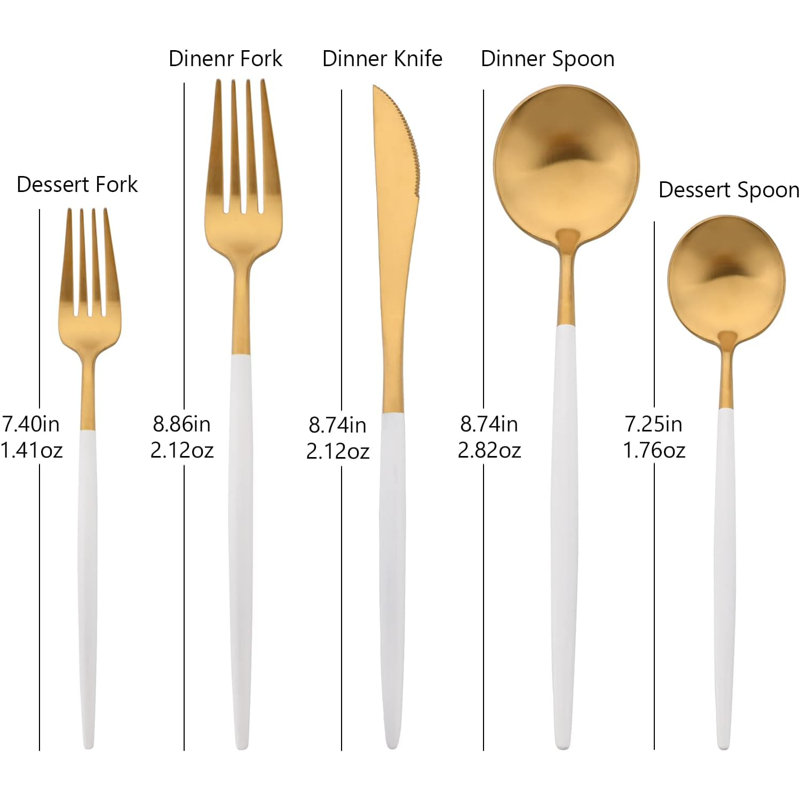 Ensemble de couverts en acier inoxydable 18/10 avec poignées blanc mat et or - Ensemble d'ustensiles de cuisine de 20 pièces pour 4 personnes, couverts allant au lave-vaisselle