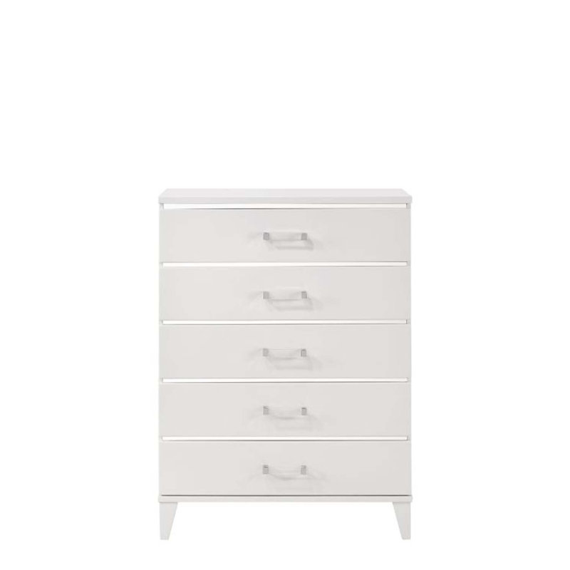 Commode 5 tiroirs Chelsie, finition blanche, Blanc