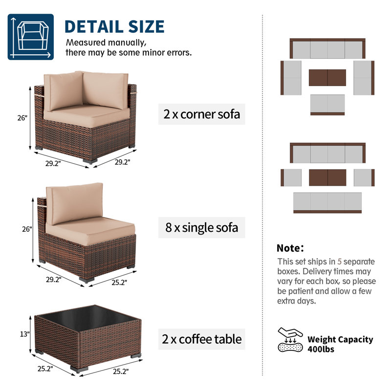 Ensemble de conversation pour 10 personnes avec coussins, Beige