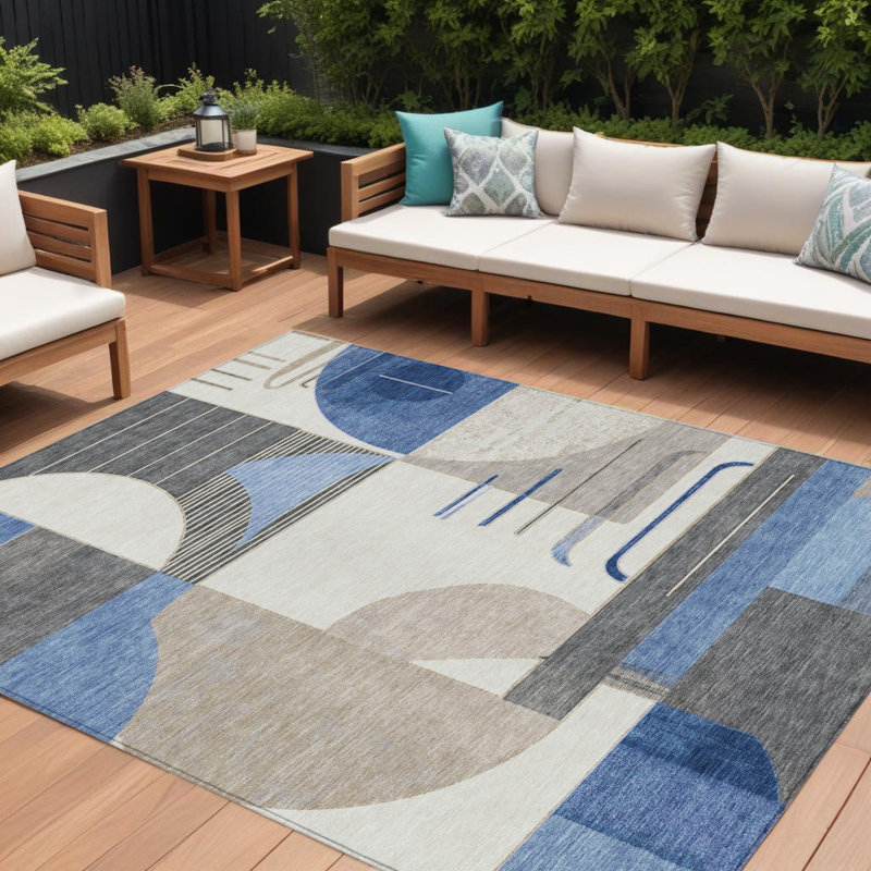 Tapis intérieur / extérieur 10 pi x 14 pi bleu gris et ivoire à motif géométrique lavable