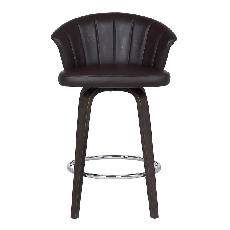 Vandt Swivel Counter or Bar Height Bar Stool with Chrome Footrest in Brown Faux Leather and Plywood
