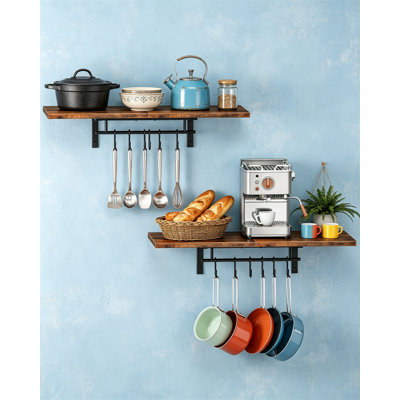 Set of 2 Wall Mounted Pot Racks, Rustic Brown 2 Tier Hanging Shelves with Pot Hangers