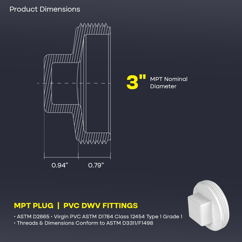 Bouchon de nettoyage de 3 pouces en PVC blanc, bouchon d'extrémité en filetage de tuyau mâle (MPT) pour les systèmes de drainage, d'évacuation et d'évacuation (paquet de 25)