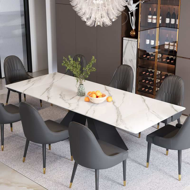 Raliect Dining Table Set With 94.5” Extendable Sintered Stone Table and 8 Faux Leather Chairs, Black