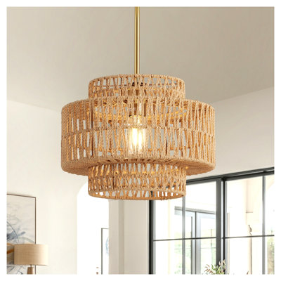 12.6 in. Hand-Woven Rattan Pendant Light Fixture, 1-Light Boho Chandelier with Gold Iron Accents for Kitchen Island, Bedroom, Dining Room, Living Room, Entryway, Foyer