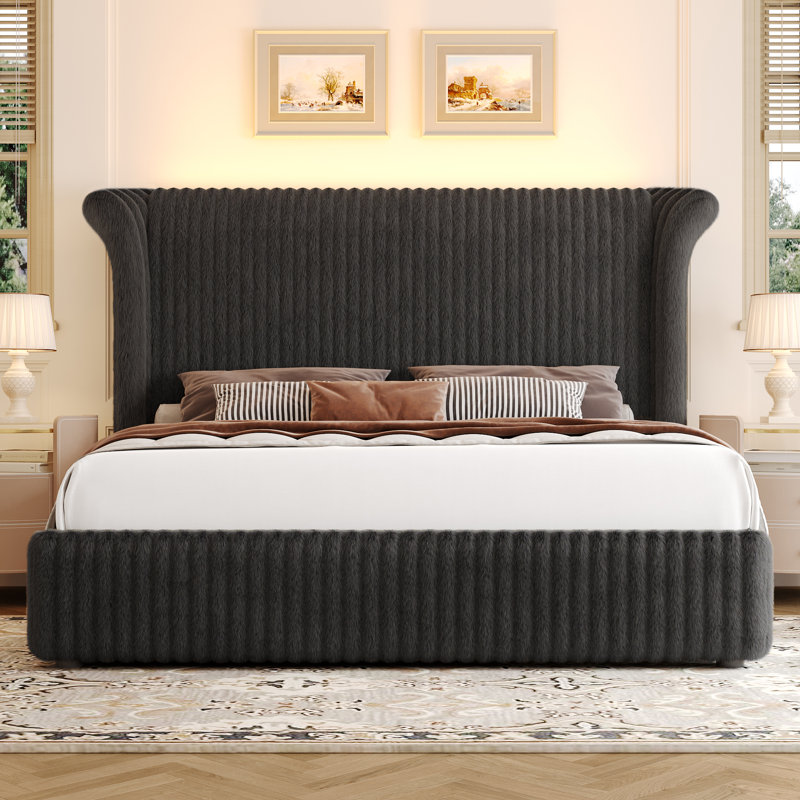 Upholstered Bed Frame With 55" Tall Headboard, Soft Corduroy Fabric Platform Bed, Noise-free, No Box Spring Needed, Black