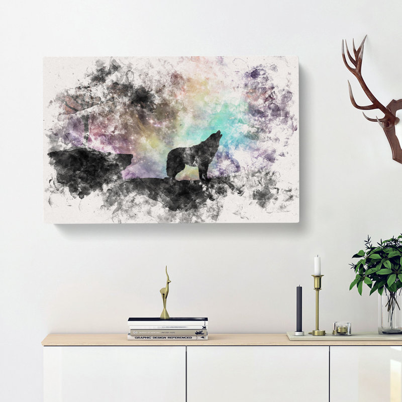 Howling Wolf with a Galaxy Forest Watercolour - Wrapped Canvas, 60cm H x 91cm W x 3cm D