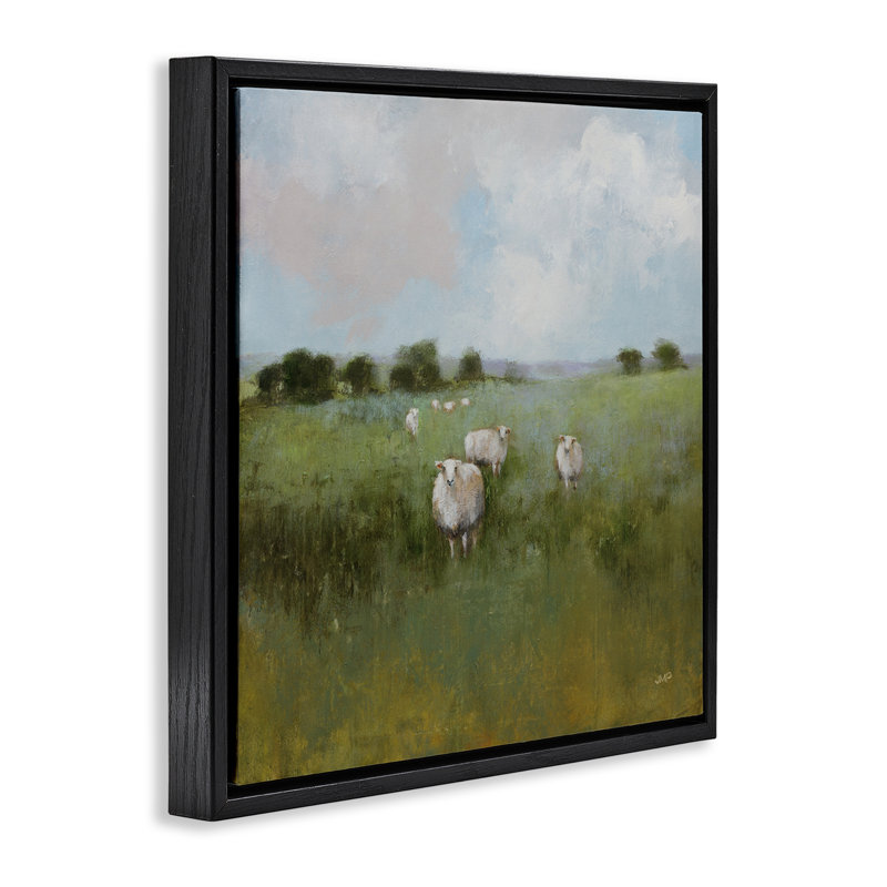 «Quiet Pasture with Sheep», art mural encadré flottant par Julia Purinton, H 18 po x l 18 po, Noir, noir, noir, noir