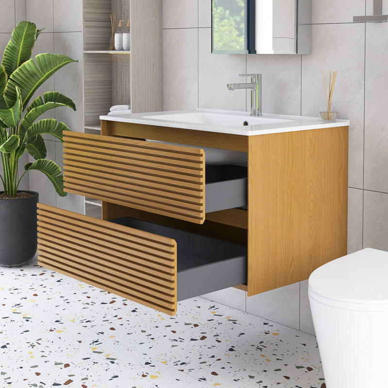 30 po W Meuble-lavabo mural simple avec lavabo blanc, Oak