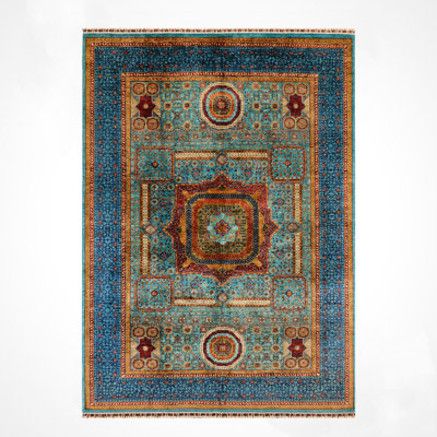 Tapis en laine et coton bleu sarcelle original noué à la main à motif mamelouk