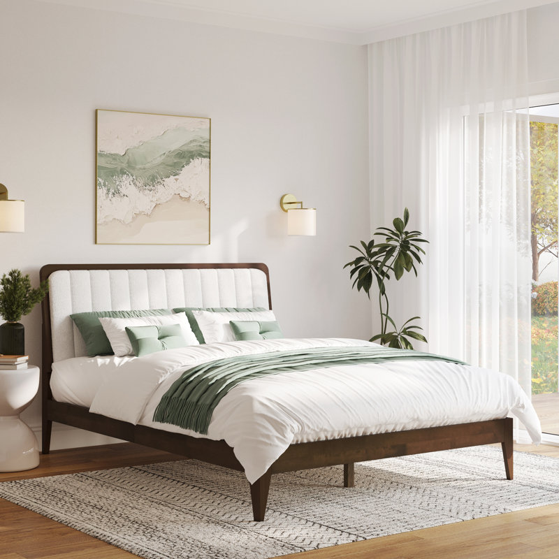 Bethelmie Solid Wood Upholstered Headboard Bed Frame, King, Walnut/Cream Boucle