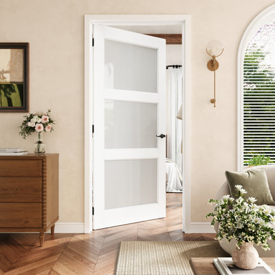 Porte pré-suspendue en verre givré 3-Lite 36 po x 80 po avec charnières noires, dalle de porte d'intimité en verre avec cadre, porte intérieure comme garde-manger, porte de chambre à coucher, porte de buanderie, portes de placard, portes de pièce, main gauche