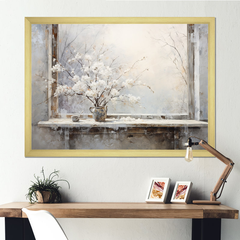 Neige près de l'hiver, vue de fenêtre 1 - Japon, art mural, Cadre doré à coins fermés, H 12 po x l 20 po x P 1 po