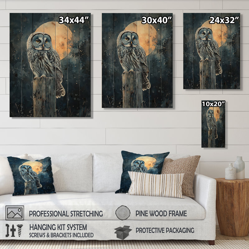 Owl On The Fence Post II - Owl Animal Wood Wall Decor - On Natural Pine Wood, 44" H x 34" W