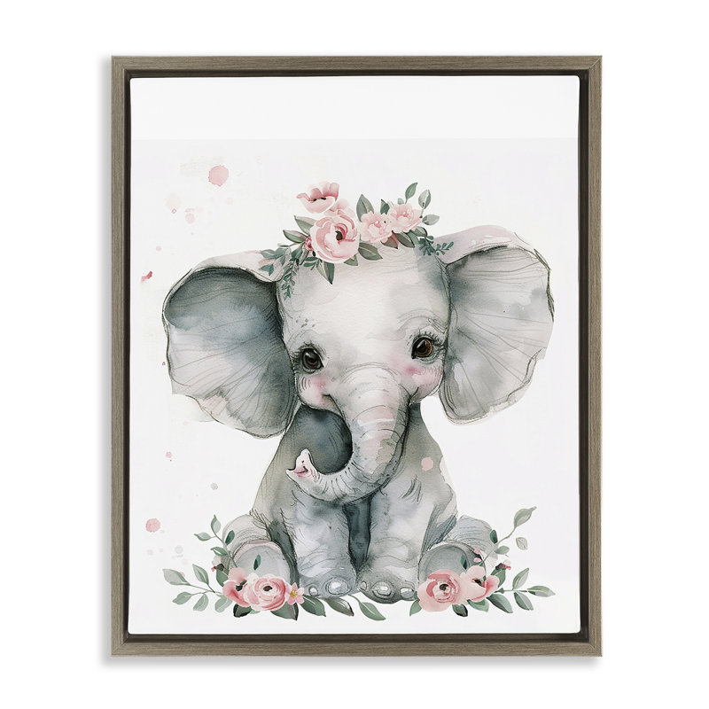  «Nursery Floral Elephant Floater», art mural sur toile par LSR Design Studio, H 31 po x l 25 po