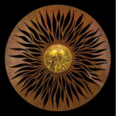 29 Inch Round Sun Metal and Glass Solar Powered Outdoor Wall Decor with Weather Resistant Multi Color Finish for Indoor and Outdoor Home Accent