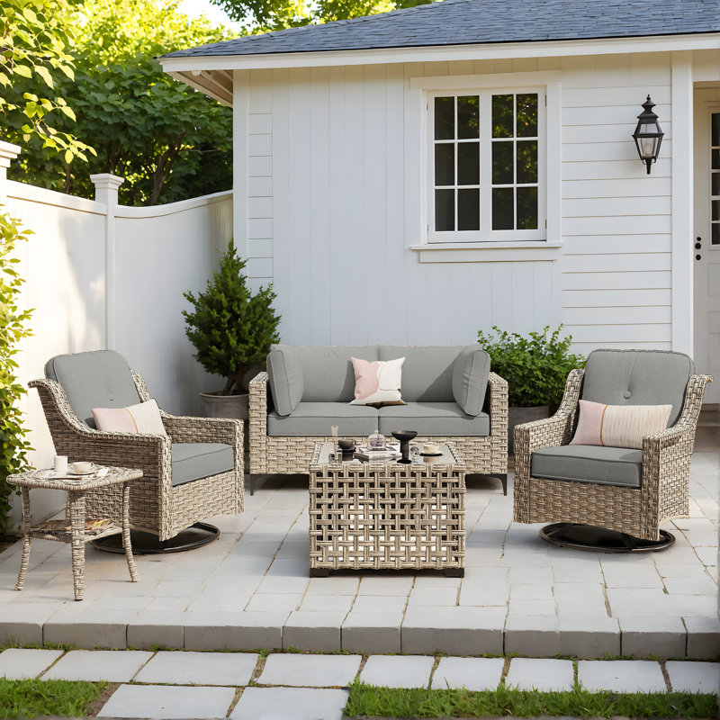 Demariea Outdoor Wicker 4 Person Seating Group With Cushions With Swivel Rocking Chairs, Gray