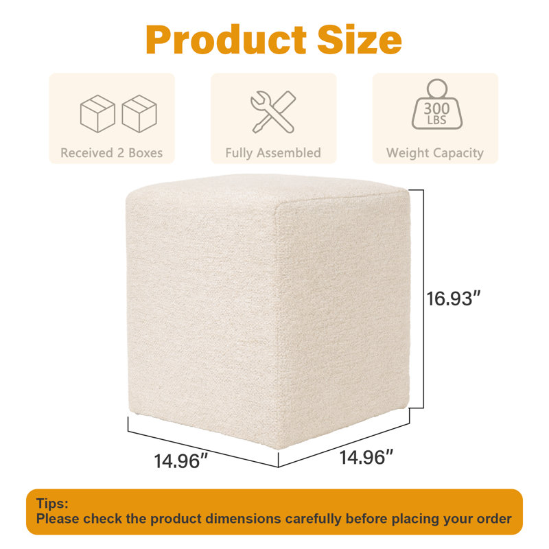 Modern Square Upholstered Ottoman with Solid Wood Frame Set Of 2, White