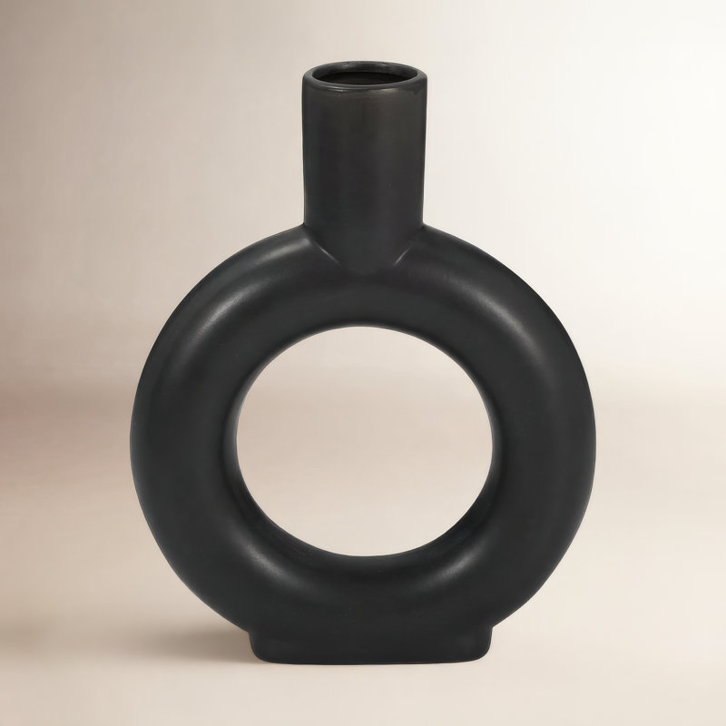 Modern White Ceramic Vase with Sculptural Round Design, Black