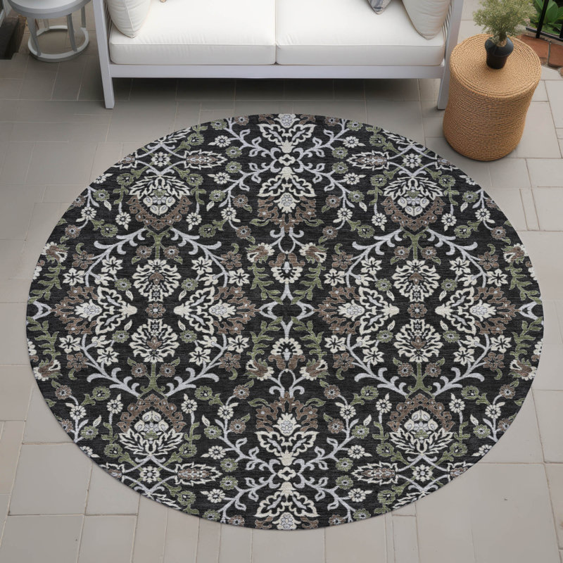 Tapis lavable à la machine intérieur / extérieur ACN2634, Noir, Rond 8 pi