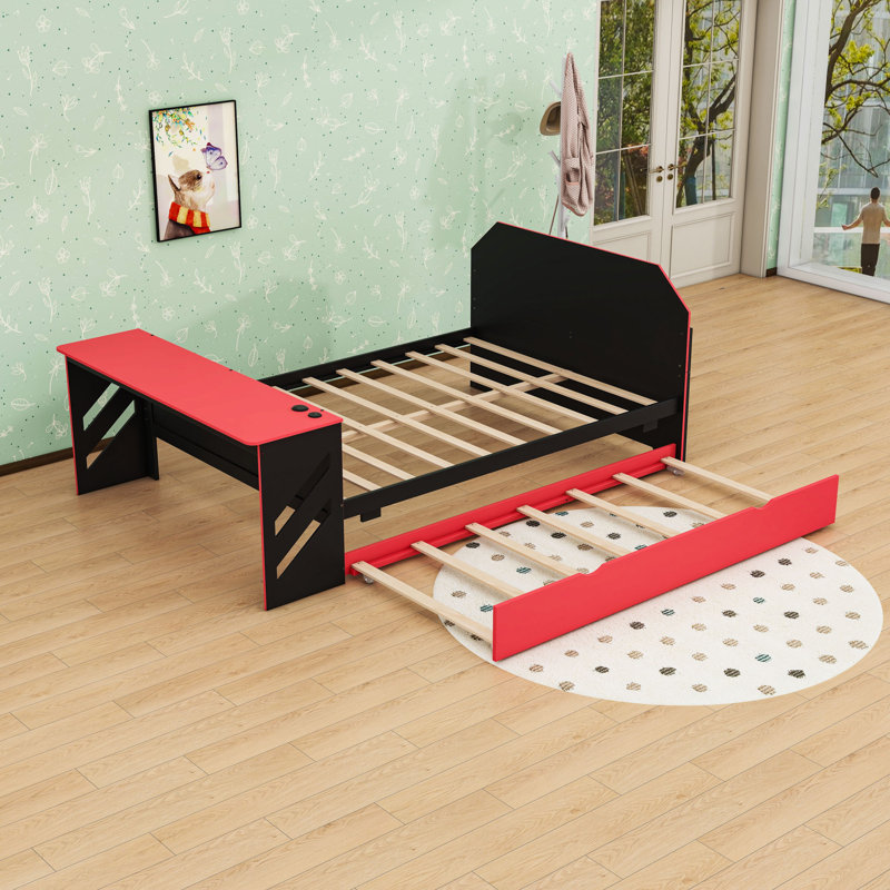 Full Wood Daybed with Twin Trundle, Desk and USB Port, Red
