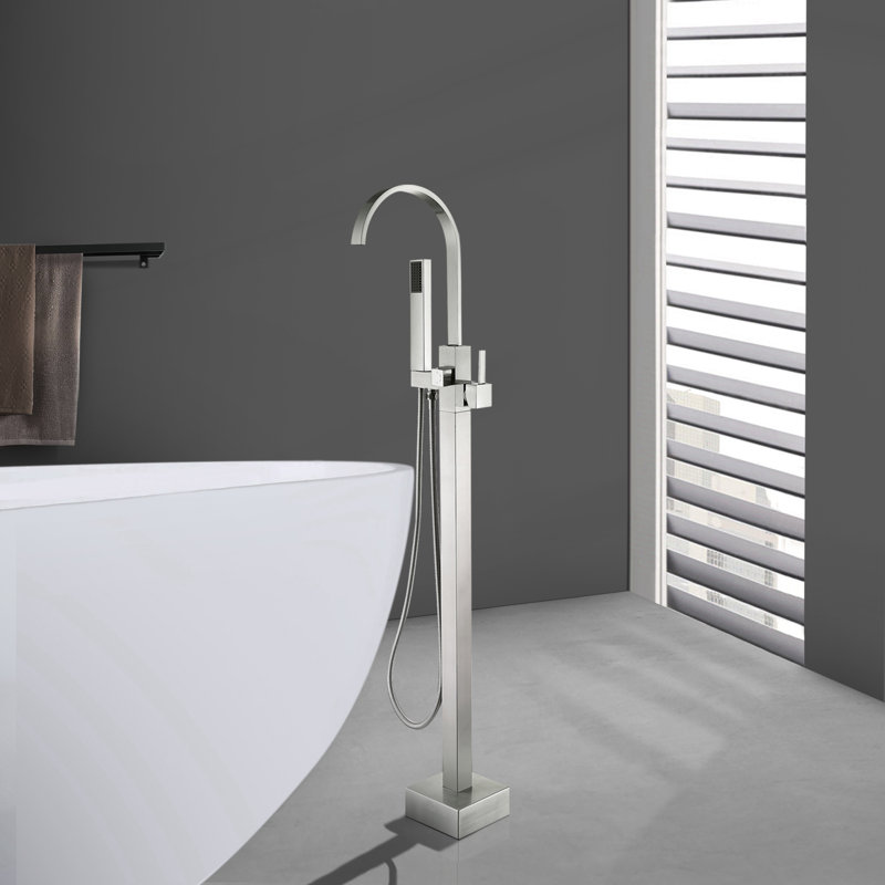 Robinet de baignoire autoportant à poignée simple classique avec douche à main, Nickel brossé
